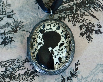 JANE EYRE Locket Necklace - locket pendant on ribbon - Silhouette Jewelry