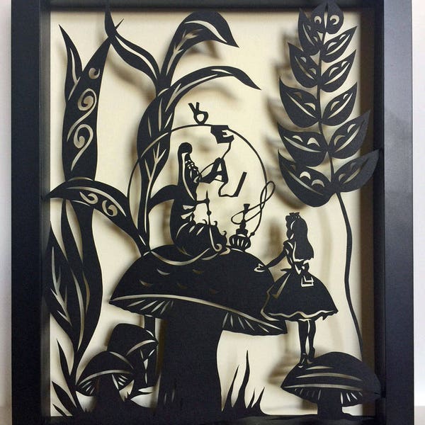 ALICE'S ADVENTURES in WONDERLAND - Advice from a Caterpillar, Hand-Cut Papercut in Shadow Box, Framed ALICE'S ADVENTURES in WONDERLAND - Advice from a Caterpillar, Hand-Cut Papercut in Shadow Box, Framed