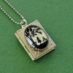 ALICE IN WONDERLAND Book Locket Necklace, pendant on chain - Silhouette Jewelry