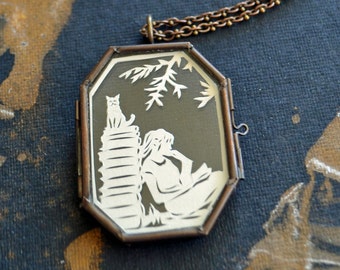 AFTERNOON READING in the PARK Locket - Hand-Cut Miniature Papercut Locket Necklace