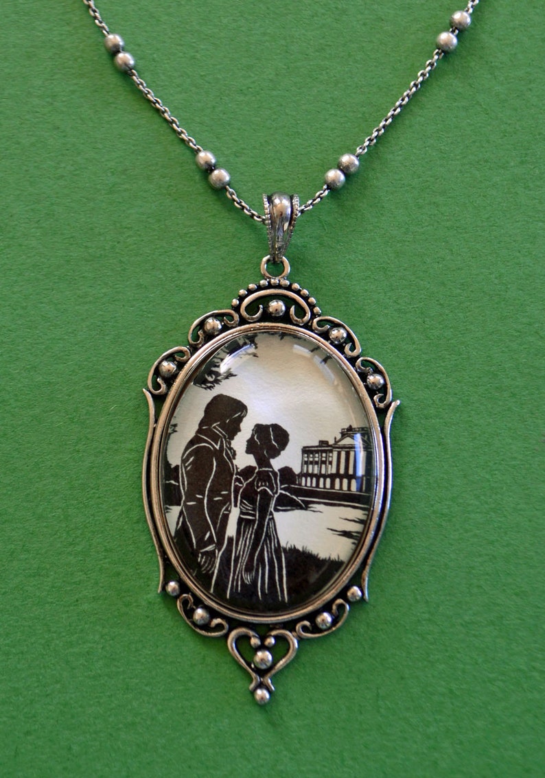 PRIDE AND PREJUDICE Necklace, pendant on chain Elizabeth and Darcy Silhouette Jewelry image 1