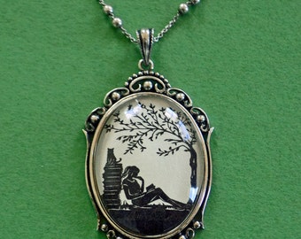 AFTERNOON READING in the PARK Necklace, pendant on chain - Silhouette Jewelry