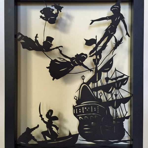 PETER PAN Papercut in Shadow Box - Hand-Cut Silhouette, Framed