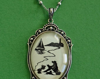 AFTERNOON READING on the BEACH Necklace, pendant on chain - Silhouette Jewelry