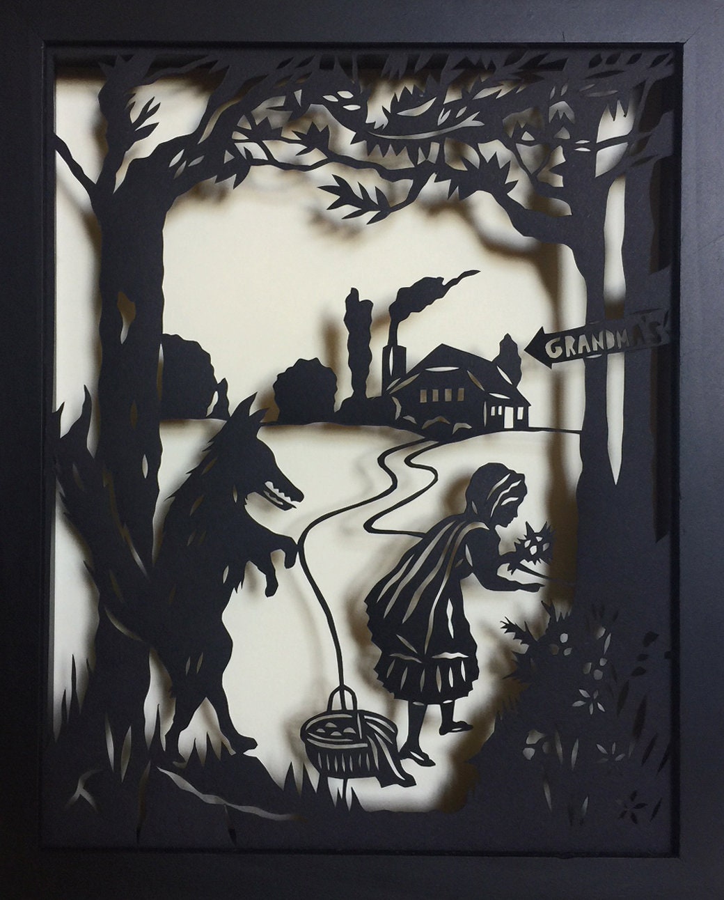 童話の森　シャドーボックス　アンティーク　額縁　赤ずきん　オリジナル　絵画 赤ずきん 切り絵 シャドーボックス入り - 手切りシルエット、額