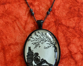 Silhouette Necklace, Pendant on Chain - AFTERNOON READING in the PARK - Art Jewelry