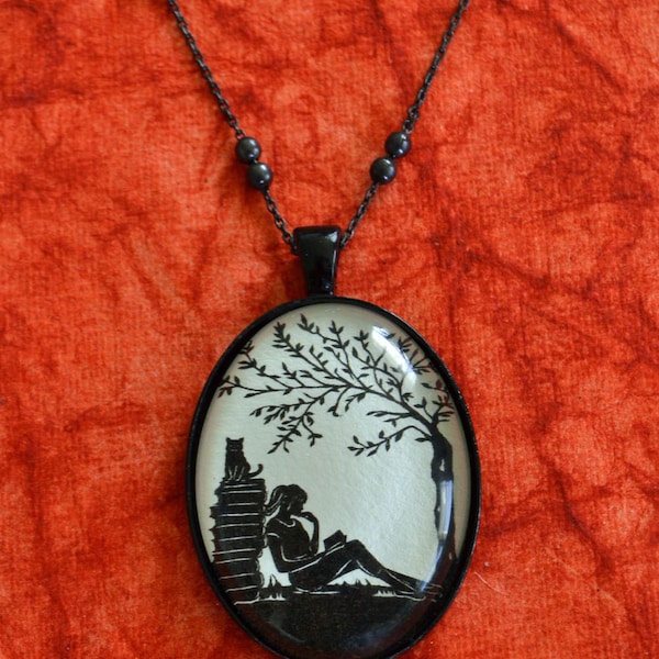 Silhouette Necklace, Pendant on Chain - AFTERNOON READING in the PARK - Art Jewelry