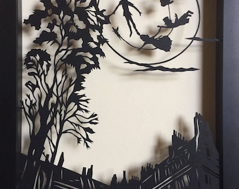 PETER PAN and the MOON Papercut in Shadow Box - Hand-Cut Silhouette, Framed