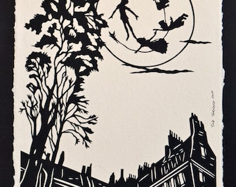 PETER PAN and the MOON Papercut - Hand-Cut Silhouette