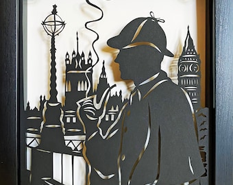 SHERLOCK HOLMES Papercut in Shadow Box - Hand-Cut Silhouette, Framed