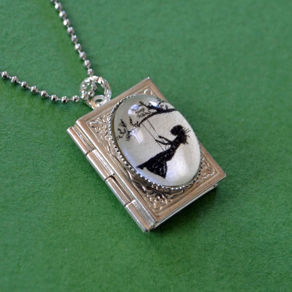 GIRL on a SWING Book Locket Necklace, pendant on chain - Silhouette Jewelry