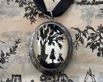 ALICE IN WONDERLAND Locket Necklace - locket pendant on ribbon - Silhouette Jewelry