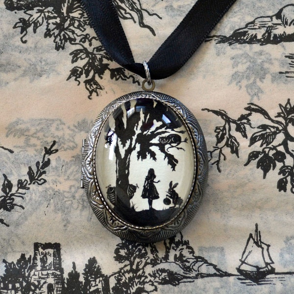 ALICE IN WONDERLAND Locket Necklace - locket pendant on ribbon - Silhouette Jewelry