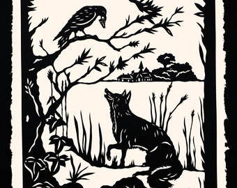 May include: Black and white silhouette illustration of a crow perched on a branch, looking at a fox standing in tall grass. The crow is holding something in its beak. A small house is visible in the background.