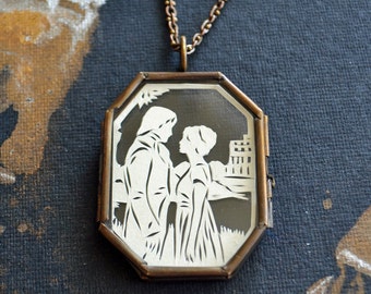 PRIDE AND PREJUDICE Locket - Hand-Cut Miniature Silhouette Papercut Locket Necklace