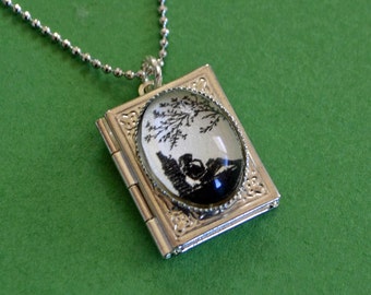 AFTERNOON READING in the PARK Book Locket Necklace, pendant on chain - Silhouette Jewelry