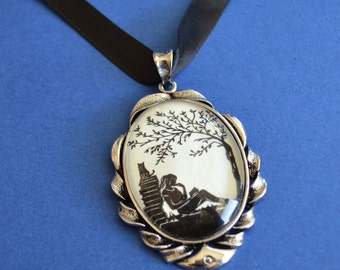AFTERNOON READING in the PARK Choker Necklace - pendant on ribbon - Silhouette Jewelry
