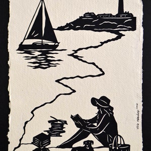 Hand-Cut Papercut Art - AFTERNOON READING on the BEACH - Girl Reading Silhouette