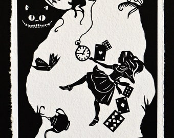 ALICE IN WONDERLAND Papercut - Down the Rabbit Hole - Hand-Cut Silhouette