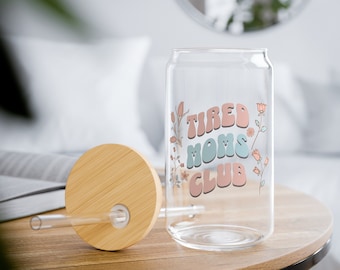 Glass Tumbler "Tired Moms Club" - Gift for mothers - Reusable drinking cup - Personalized mom mug - Coffee mug to go