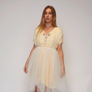 1960s Vintage Pale Yellow Chiffon Mini Dress with Floral Beaded and Pearl Embellishment