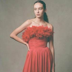 1970s Vintage Red Feather Trimmed Strapless Ruched Dress