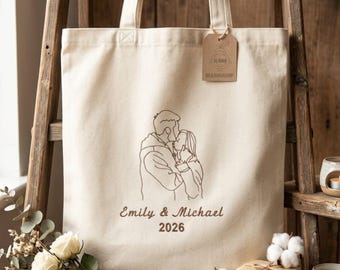 Draagtas bruiloft gunst, gepersonaliseerde geborduurde draagtas, aangepaste foto draagtas, cadeau bruidsfeest, foto om te schetsen tas