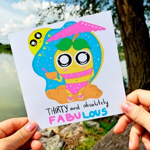 Fabuleuse carte du 30e anniversaire - carte de voeux kawaii avec message personnalisé, cadeau mignon reine des trente ans, carte postale de dessin animé de mangue