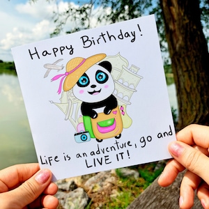 Panda aventure, carte porte-bonheur, carte de voeux aventure, carte de joyeux anniversaire panda mignon, cartes postales d'animaux