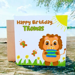 Cartão de aniversário de leão para amantes de animais, cartão de leão, cartão de aniversariante, leão fofo