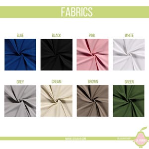 May include: A fabric color chart titled FABRICS featuring eight swatches in blue, black, pink, white, grey, cream, brown, and green. Each swatch shows a gathered textile texture. The bottom includes the text WWW.LILGUAVA.COM and @LILGUAVASHOP.
