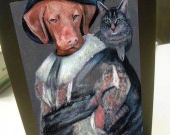 greeting card print of original art-  sir dog and his cat Zentangle anthropomorphic animal