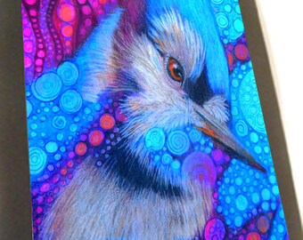 greeting card  print of original art- colorful blue jay spirit animal  Zentangle