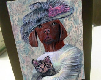 greeting card print of originlal drawing duchess dog and her cat anthromorphic animal colorful zentangle