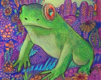 original art drawing frog green zentangle wall decor