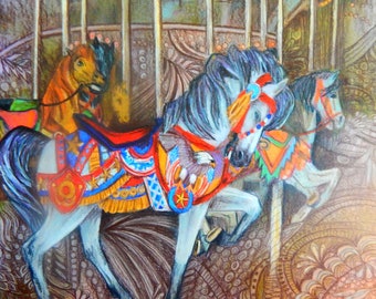 original art drawing carousel horse abstract zentangle wall decor