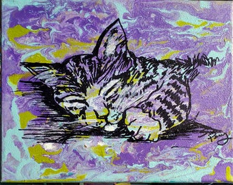 original art  acrylic painting abstract kitten cat tabby purple colorful 8x10 canvas