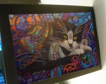 greeting card print of original art- cat black tuxedo  Zentangle