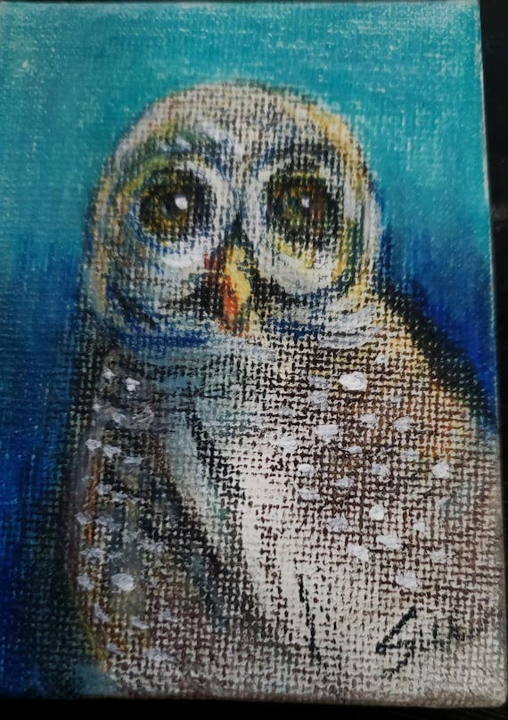 Original Art Aceo Painting Gouche on Canvas Owl 