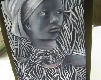 greeting card print of original art- African lady black white zebra tribe
