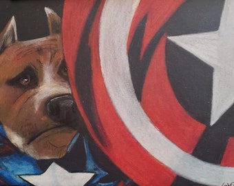 original art drawing captain America Pit Bull dog whimsey children wall decor