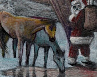 original art drawing color pencil aceo horses at the watering hole Santa Claus
