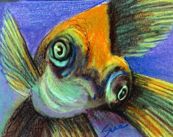 original art  aceo drawing orange goldfish google eye