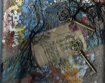 original art mixed media collage 8x8 Ageless latchkey lace and keys