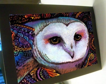 greeting card print of original art-white barn owl Zentangle