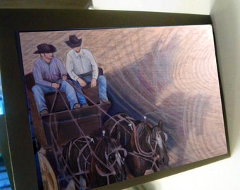 greeting card print of original art-  horse team pull wagon cowboy rodeo