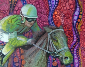 original art drawing horse race jockey Kentucky Derby  zentangle wall decor colorful