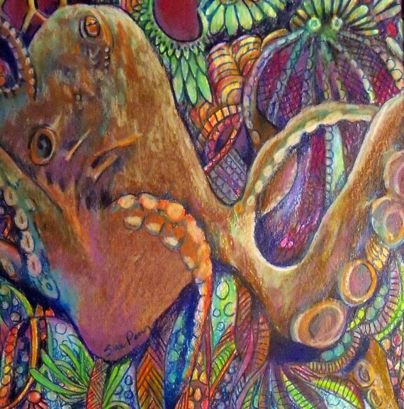Art Au Crayon De Couleur Dessin Poulpe Marine Mer Zentangle Coloré Abstrait Mur Décoration Cadeau