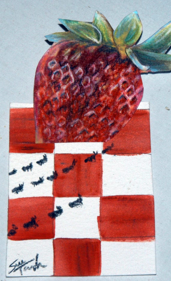 Oryginalny Rysunek Ace Sztuki Z Pop Up Truskawka Mrówki Piknik