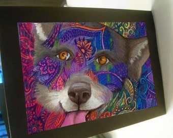 greeting card print of original art - wary wolf zentangle